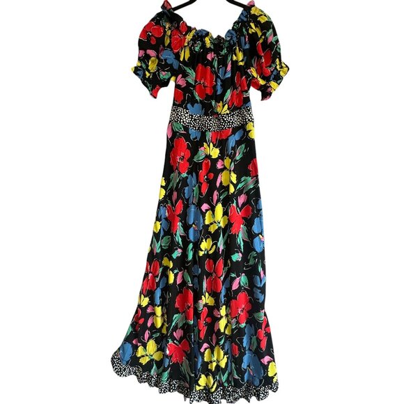 Rixo Black Colorful Floral Off-Shoulder Maxi Dress Ruffle Puff Sleeve Size 6 NWT - Picture 3 of 14